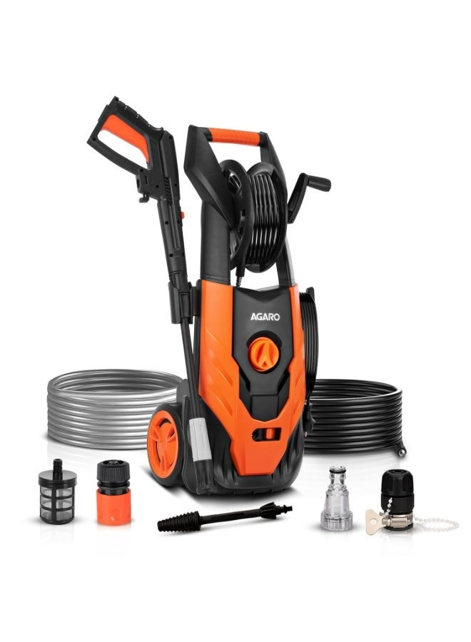 AGARO Royal High Pressure washer, 1800 Watts Motor, 140 Bars, 7L/Min Flow Rate, 5 Meters Outlet Hose, Upright Design With Wheel, For Car, Bike and Home Cleaning Purpose, Turbo Nozzle, Black and Orange - Image 1